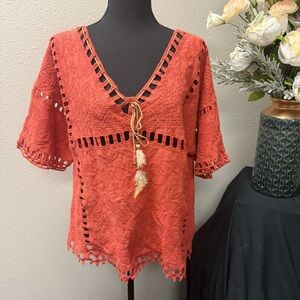 The Moon Coral Boho Cutout V-Neck Tie Top Crochet Trim Festival